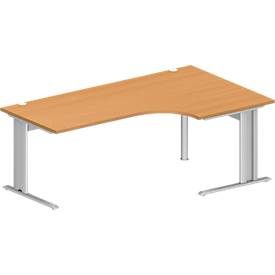 Schäfer Shop Pure Winkelschreibtisch PLANOVA BASIC, 90° Winkel rechts, C-Fuss, B 2000 x T 1200/800 x H 717 mm, Buche/weissalu + Kabelkanal