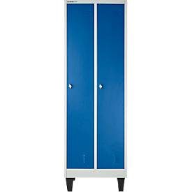 Schäfer Shop Pure Kleiderspind, 2 Abteile mit Hutboden/Kleiderstange/Kleiderhaken, Füsse, Drehriegelverschluss, B 600 x T 500 x H 1850 mm, Stahlblech, lichtgrau/enz.blau
