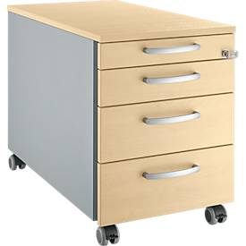 Schäfer Shop Pure Rollcontainer 1233, 3 Schübe & 1 Utensilienauszug, abschliessbar, Rundgriffe, B 435 x T 765 x H 577 mm, weissalu/weissalu/Ahorn