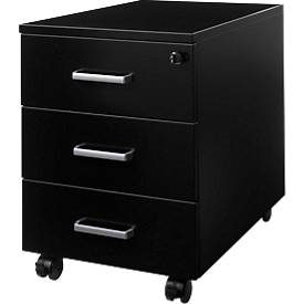 Schäfer Shop Pure Rollcontainer 333, 3 Schübe, abschliessbar, Metallgriffe, Feinblech pulverbeschichtet, B 420 x T 600 x H 570 mm, schwarz