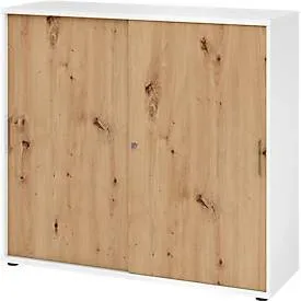 Schiebetürschrank Breno, abschliessbar, Spanplatte, melaminharzbeschichtet, B 1200 x T 400 x H 1100 mm, 3 Ordnerhöhen, weiss/Asteiche