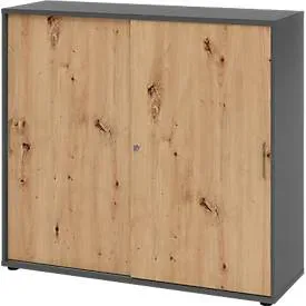 Schiebetürschrank Breno, abschliessbar, Spanplatte, melaminharzbeschichtet, B 1200 x T 400 x H 1100 mm, 3 Ordnerhöhen, Graphit/Asteiche