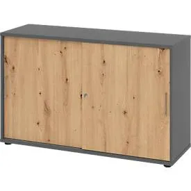 Schiebetürschrank Breno, abschliessbar, Spanplatte, melaminharzbeschichtet, B 1200 x T 400 x H 748 mm, 2 Ordnerhöhen, Graphit/Asteiche