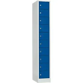 Schliessfachschrank, Stahlbl., Türanschl. rechts, Zylinderschloss, 10 Fächer, B 300 x H 1800 mm, l.grau RAL 7035/e.blau RAL 5010