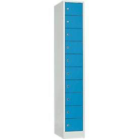 Schliessfachschrank, Stahlbl., Türanschl. rechts, Zylinderschloss, 10 Fächer, B 300 x H 1800 mm, l.grau RAL 7035/l.blau RAL 5012