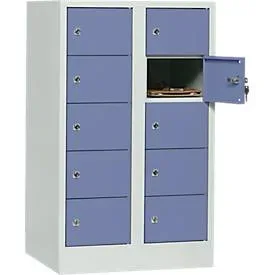 Schliessfachschrank, Stahlbl., Türanschl. rechts, Zylinderschloss, 10 Fächer, B 600 x H 965 mm, l.grau RAL 7035/t.blau RAL 5014