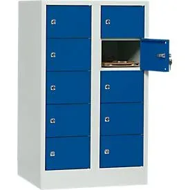 Schliessfachschrank, Stahlbl., Türanschl. rechts, Zylinderschloss, 10 Fächer, B 600 x H 965 mm, l.grau RAL 7035/e.blau RAL 5010