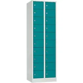 Schliessfachschrank, Stahlbl., Türanschl. rechts, Zylinderschloss, 20 Fächer, B 600 x H 1800 mm, l.grau RAL 7035/w.blau RAL 5021