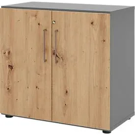 Schränke Breno, 2 OH, abschliessbar, 28 kg je Boden, B 800 x T 420 x H 748 mm, graphit/Asteiche