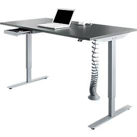 Schreibtisch, elektrisch höhenverstellbar, Rechteck, T-Fuss, B 1600 mm, graphit/weissalu + Schublade & Kabelspirale