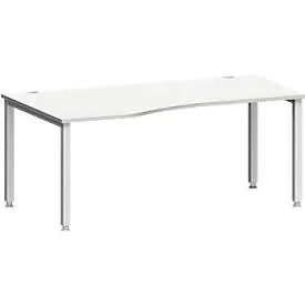 Schreibtisch MODENA FLEX, Freiform, Ansatz links, 4-Fuss Quadratrohr, B 1800 x T 1000/800 x H 720-820 mm, lichtgrau/weissaluminium