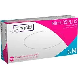 Schutzhandschuhe BINGOLD Nitril 35PLUS, Einweg, mikrotextuierte Fingerspitzen, puderfrei, Nitril, weiss, Grösse M, 100 Stück