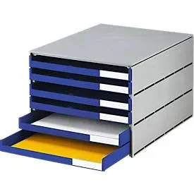 Schubladenbox styro® Styroval, Format C4, 6 offene Schübe, stapelbar, Beschriftungsmaterial, B 243 x T 335 x H 200 mm, Recycling-Kunststoff, grau-blau