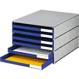Schubladenbox Styro Styroval, für Formate bis C4, 6 offene Schübe, Recyclingmaterial, blau/grau