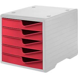 Schubladenbox styro® styroswing, 5 Schübe, Auszugsperre & Griffmulde, stapelbar, B 270 x T 340 x H 255 mm, Polystyrol, grau-cranberry