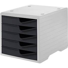 Schubladenbox styro® styroswing, 5 Schübe, Auszugsperre & Griffmulde, stapelbar, B 270 x T 340 x H 255 mm, Polystyrol, grau-anthrazit