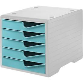 Schubladenbox styro® styroswing, 5 Schübe, Auszugsperre & Griffmulde, stapelbar, B 270 x T 340 x H 255 mm, Polystyrol, grau-aqua