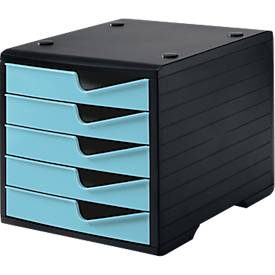 Schubladenbox styro® styroswing, 5 Schübe, Auszugsperre & Griffmulde, stapelbar, B 270 x T 340 x H 255 mm, Polystyrol, schwarz-aqua