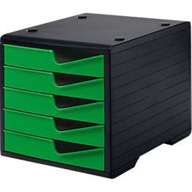 Schubladenbox styro® styroswing, 5 Schübe, Auszugsperre & Griffmulde, stapelbar, B 270 x T 340 x H 255 mm, Polystyrol, schwarz-gecko