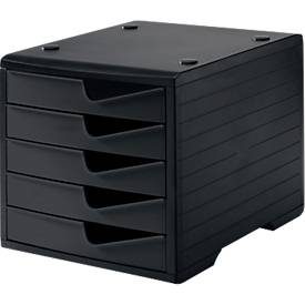 Schubladenbox styro® styroswing, 5 Schübe, Auszugsperre & Griffmulde, stapelbar, B 270 x T 340 x H 255 mm, Polystyrol, schwarz-schwarz