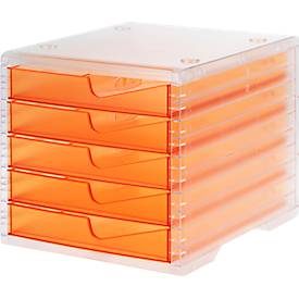 Schubladenbox styro® styroswing light, 5 Schübe, Auszugsperre & Griffmulde, stapelbar, B 270 x T 340 x H 255 mm, Polystyrol, transparent-apricot