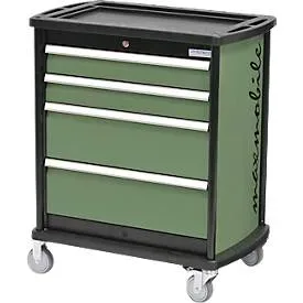 Schubladenschrank Bedrunka+Hirth maxmobile 1, mobil, 4 Schübe, 1 Seitenblende, abschliessbar, bis 300 kg, resedagrün RAL 6011, Stahlblech