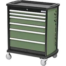 Schubladenschrank Bedrunka+Hirth maxmobile 1, mobil, 6 Schübe, 1 Seitenblende, abschliessbar, bis 300 kg, resedagrün RAL 6011, Stahlblech