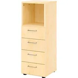 Schubladenschrank Breno, 4 Schübe, 1 Fach, Metallgriffe, B 400 x T 420 x H 1100 mm, Ahorn/Ahorn