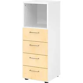 Schubladenschrank Breno, 4 Schübe, 1 Fach, Metallgriffe, B 400 x T 420 x H 1100 mm, weiss/Ahorn
