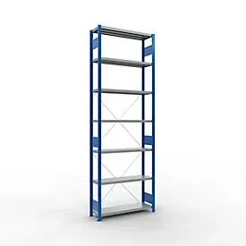 Schulte Lagertechnik Fachbodenregal Stecksystem MultiPlus250, Grundregal, 7 Fachböden, Kreuzstrebe, B 1000 x T 300 x H 3000 mm, Enzianblau RAL 5010