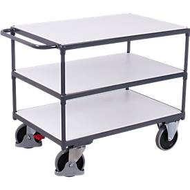 Schwerer ESD-Tischwagen, Stahl/Spanplatte, Graphitgrau/Lichtgrau, 3 Etagen, L 850 x B 500 mm, TPE-Rollen mit EasySTOP, bis 400 kg
