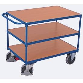 Schwerer Tischwagen, Stahl/MDF-Platte, Enzianblau/Buche-Dekor, 3 Etagen, L 1200 x B 800 mm, TPE-Rollen mit EasySTOP, bis 500 kg