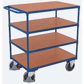 Schwerer Tischwagen, Stahl/MDF-Platte, Enzianblau/Buche-Dekor, 4 Etagen, L 1000 x B 700 mm, TPE-Rollen mit EasySTOP, bis 500 kg