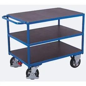 Schwerlast-Tischwagen, Stahl/Siebdruckplatte, Enzianblau/Dunkelbraun, 3 Etagen, L 995 x B 700 mm, Vollgummi-Rollen mit EasySTOP, bis 1000 kg