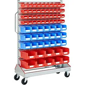 Sichtrollwagen f. Sichtlagerkästen, einseitig, B 1130 x T 510 x H 1705 mm, 40 x 0,7 l rot, 21 x 3 l blau, 10 x 7,5 l rot