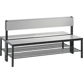 Sitzbank Basic Plus, 2-seitig, mit Rückenlehne & Schuhrost, 4-Fussgestell schwarzgrau RAL 7021, B 1500 mm, Dekor silbergrau