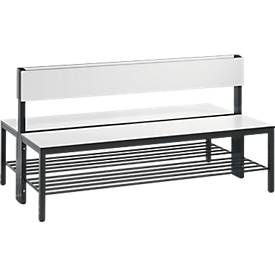 Sitzbank Basic Plus, 2-seitig, mit Rückenlehne & Schuhrost, 4-Fussgestell schwarzgrau RAL 7021, B 1500 mm, Dekor weiss
