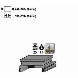 Tablarauszug für asecos Sicherheitsschränke der K90 Serie, FP-Platte/Polypropylen, grau, B 407 x T 382 x H 80 mm, 11 l, bis 25 kg