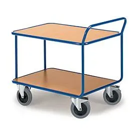 Tischwagen, 2 Etagen, bis 500 kg, TPE-Bereifung, Stahl pulverbeschichtet enzianblau RAL 5010, L 1200 x B 800 mm