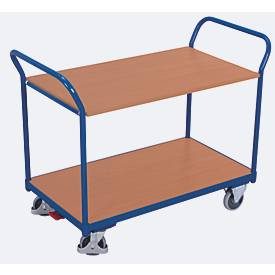 Tischwagen, Stahl/MDF-Platte, Enzianblau/Buche-Dekor, 2 Etagen, L 1000 x B 600 mm, TPE-Rollen mit EasySTOP, bis 200 kg