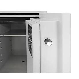 Tresor FRS 75, Feuerwiderstand LFS 60P nach EN 15659, Sicherheitsstufe S 2, Elektronikschloss & Drehgriff, 1 Fachboden & 1 Auszugsschublade, B 485 x T 450 x H 792 mm, lichtgrau RAL 7035