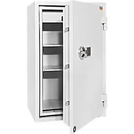 Tresor FRS 93, Feuerwiderstand LFS 60P nach EN 15659, Sicherheitsstufe S 2, Elektronikschloss, 2 Fachböden & 1 ausziehbare Schublade, B 565 x T 450 x H 972 mm, lichtgrau RAL 7035