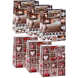 TSI Geschenktüten Set Serie 9, 6-teilig, 3 x Motiv ?Christmas Decorations?/3 x Motiv ?Christmas Accessoires?, PP-Folie, farbsortiert