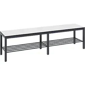 Umkleidebank Basic Plus, für Feuchträume, ohne Rückenlehne, 6-Fussgestell schwarzgrau RAL 7021, mit Schuhrost, B 1500 mm, Dekor weiss