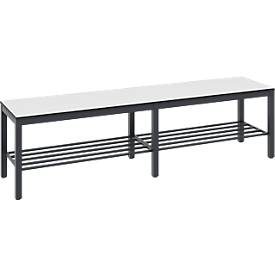 Umkleidebank Basic Plus, für Feuchträume, ohne Rückenlehne, 6-Fussgestell schwarzgrau RAL 7021, mit Schuhrost, B 1500 mm, Dekor weiss