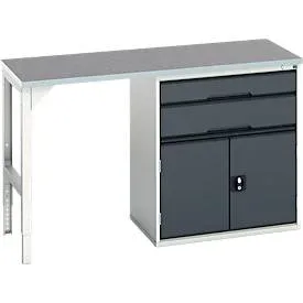 Unterbauwerkbank Bott verso, Linoleum-Platte, 2 Schubladen, 1 Tür, 1 Ablageboden, B 1500 x T 600 x H 930 mm, Lichtgrau / Anthrazitgrau