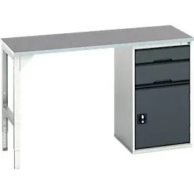 Unterbauwerkbank Bott verso, Linoleum-Platte, 2 Schubladen, 1 Tür, 1 Ablageboden, B 1500 x T 600 x H 930 mm, Lichtgrau / Anthrazitgrau