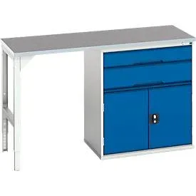 Unterbauwerkbank Bott verso, Linoleum-Platte, 2 Schubladen, 1 Tür, 1 Ablageboden, B 1500 x T 600 x H 930 mm, Lichtgrau / Enzianblau