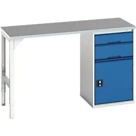 Unterbauwerkbank Bott verso, Linoleum-Platte, 2 Schubladen, 1 Tür, 1 Ablageboden, B 1500 x T 600 x H 930 mm, Lichtgrau / Enzianblau
