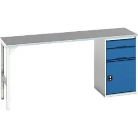 Unterbauwerkbank Bott verso, Linoleum-Platte, 2 Schubladen, 1 Tür, 1 Ablageboden, B 2000 x T 600 x H 930 mm, Lichtgrau / Enzianblau